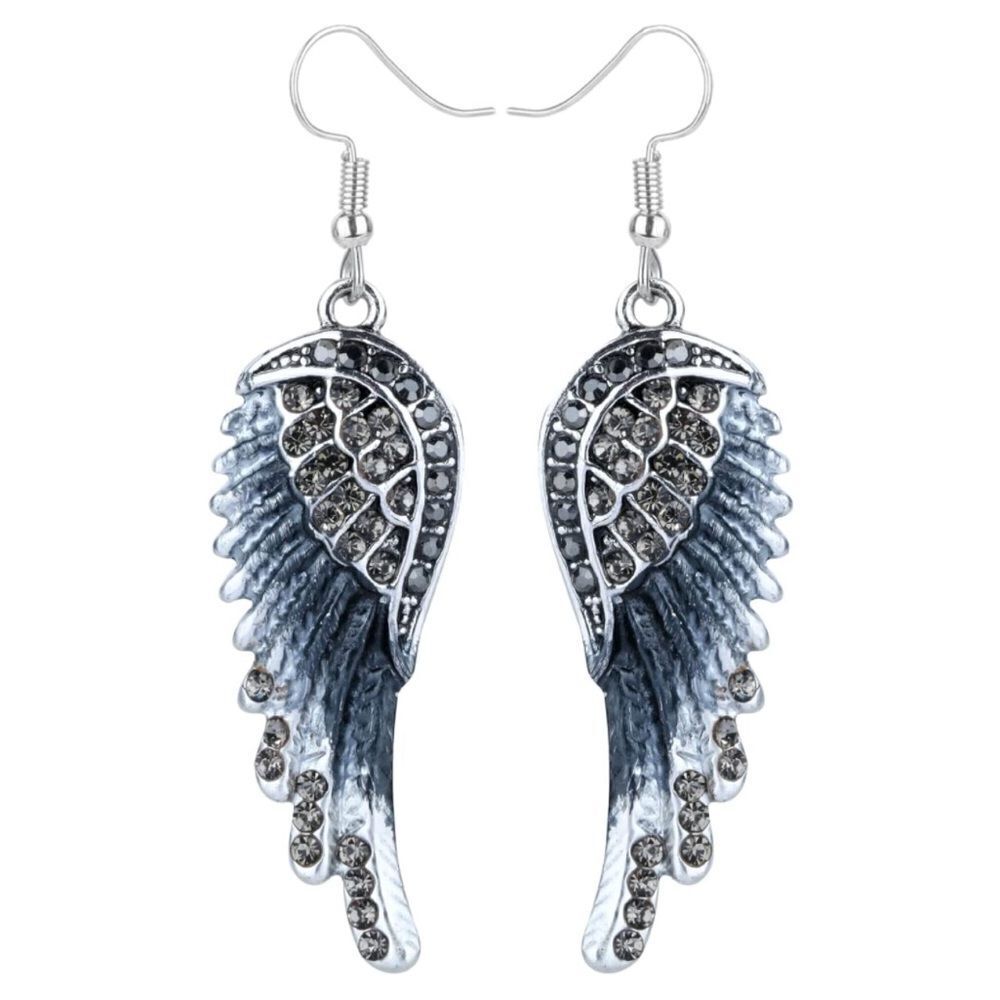 Silver with Charcoal and Clear Gray Crystal Angel Wing Dangle Hook Earrings